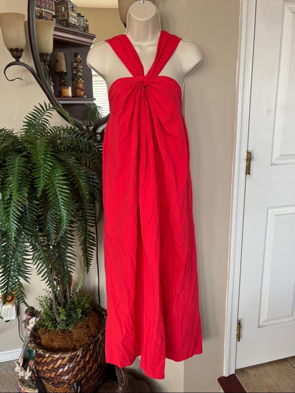 Faherty Red Knotted Bay Twist Seersucker Halter Maxi Dress Organic Cotton Blend